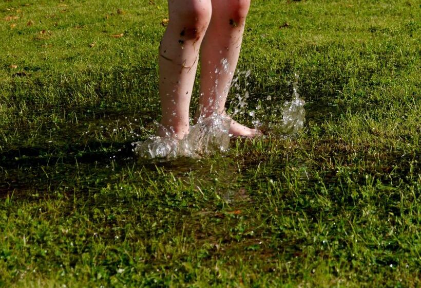 children feet on meadow